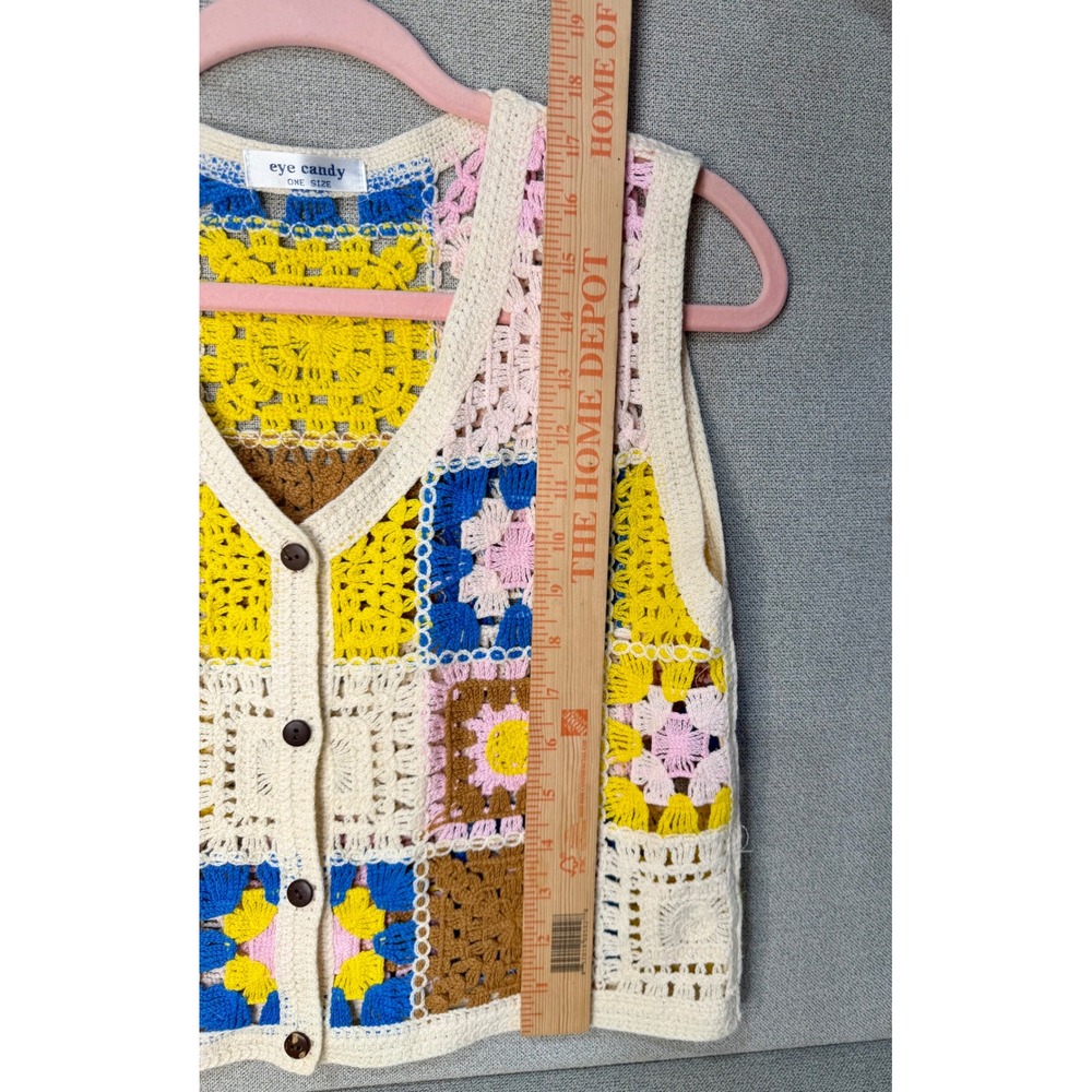 Eye Candy Crochet Granny Square Vest Multi-Color Button Front Boho Knit One Size - Picture 7 of 13